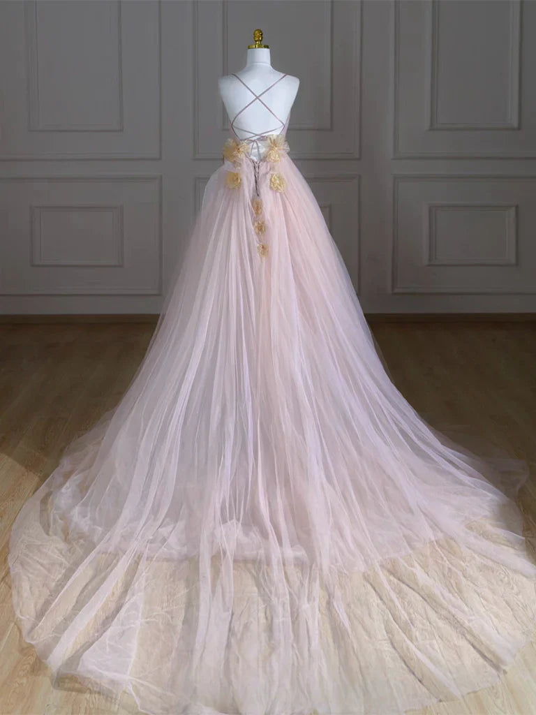 A-Line V Neck Tulle Pink Long Prom Dress, Pink Tulle Long Formal Dress ED020