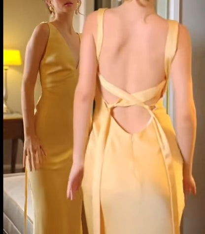 Yellow Satin Sheath V Neck Backless Party Dress Sexy Elegant Evening Dress HZ1024