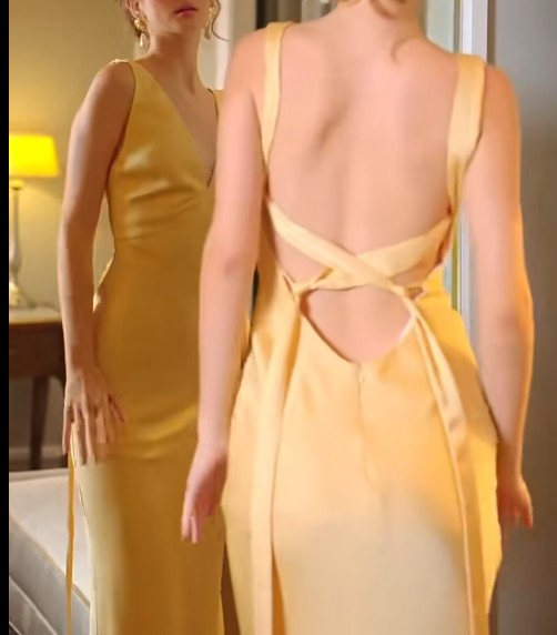 Yellow Satin Sheath V Neck Backless Party Dress Sexy Elegant Evening Dress HZ1024