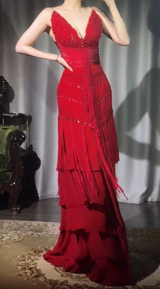 Vintage Red V-Neck A-Line Chiffon Tiered Party Dress Shiny Beaded Evening Dress ED02000