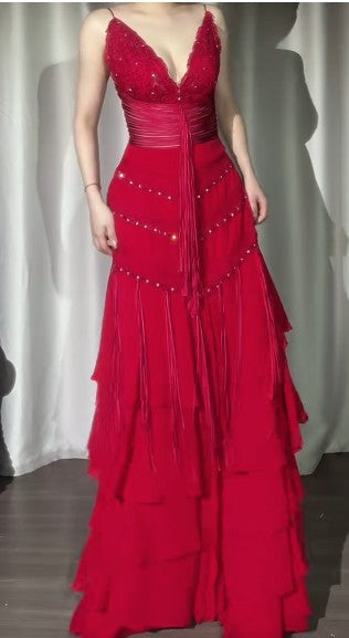 Red V-Neck A-Line Chiffon Tiered Party Dress Shiny Beaded Evening Dress HZ1024