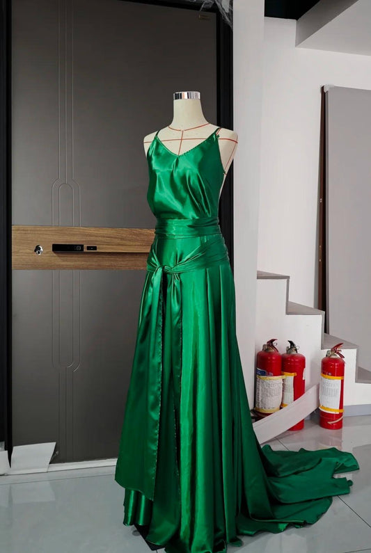 Emerald Green Spaghetti Straps Satin Long Prom Dresses Simple Train Backless Evening Dress HZ1024