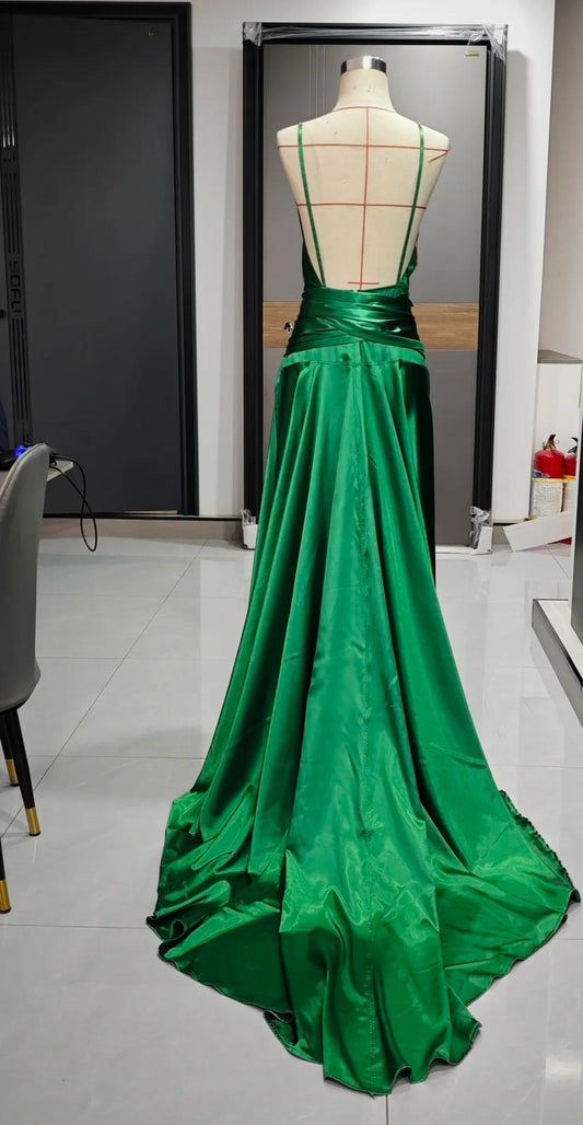 Emerald Green Spaghetti Straps Satin Long Prom Dresses Simple Train Backless Evening Dress HZ1024