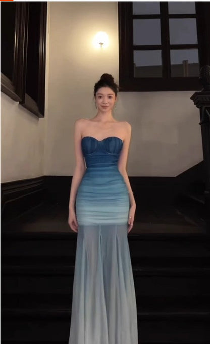 Gorgeous Gradient Blue Mermaid Sweetheart Chiffon Long Prom Dress Elegant Evening Dress ED02005