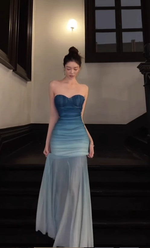 Gradient Blue Mermaid Sweetheart Chiffon Long Prom Dress Elegant Evening Dress HZ1024