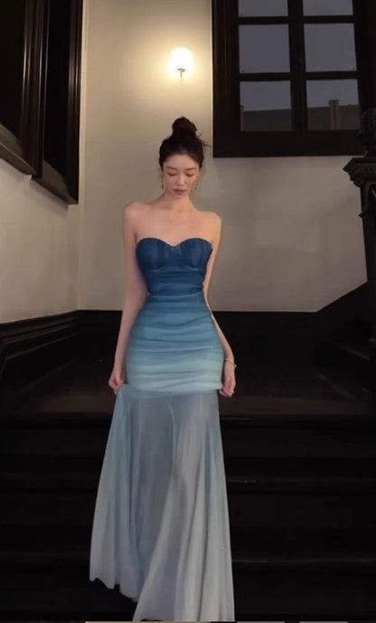 Gradient Blue Mermaid Sweetheart Chiffon Long Prom Dress Elegant Evening Dress HZ1024