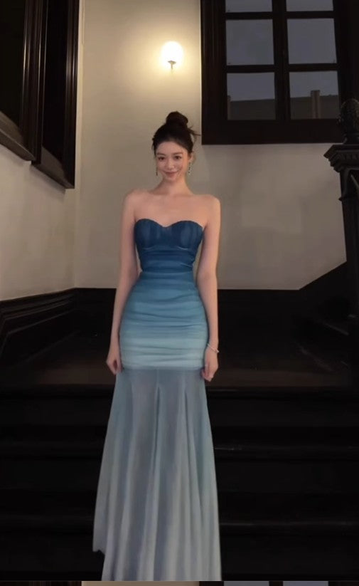 Gradient Blue Mermaid Sweetheart Chiffon Long Prom Dress Elegant Evening Dress HZ1024