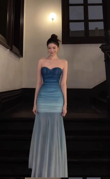 Gorgeous Gradient Blue Mermaid Sweetheart Chiffon Long Prom Dress Elegant Evening Dress ED02005