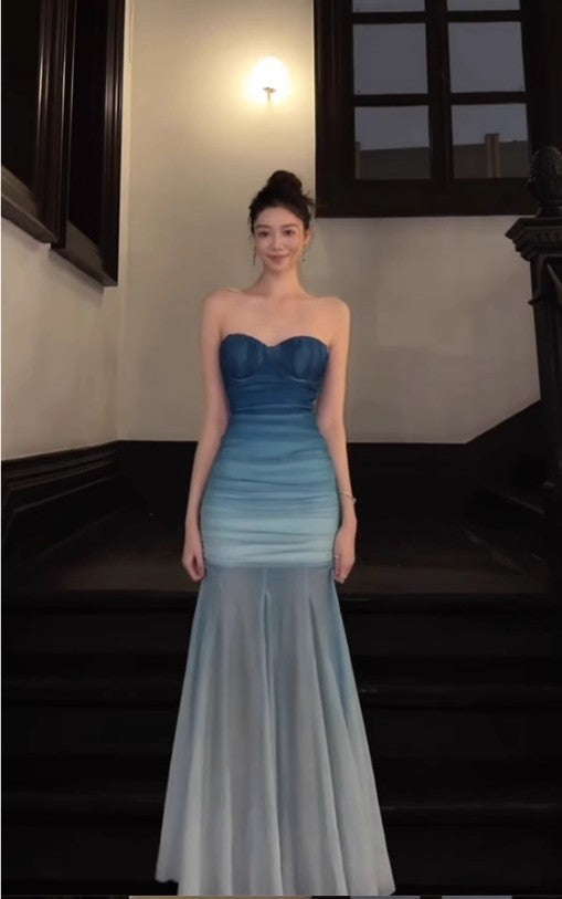 Gradient Blue Mermaid Sweetheart Chiffon Long Prom Dress Elegant Evening Dress HZ1024