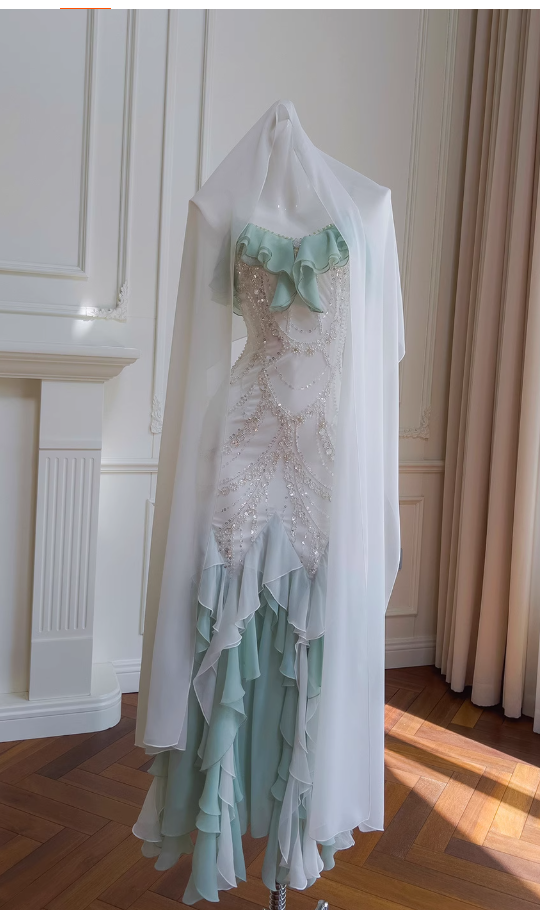 Fairytale Mint Green Spaghetti Straps Chiffon Ruffled Prom Dresses Shiny Beaded Sequined Backless Evening Dresses ED02006