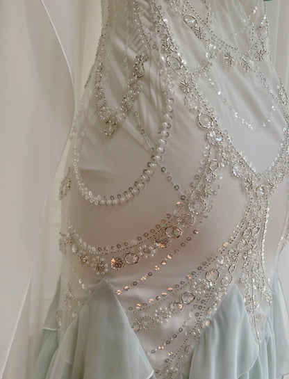 Fairytale Mint Green Spaghetti Straps Chiffon Ruffled Prom Dresses Shiny Beaded Sequined Backless Evening Dresses ED02006