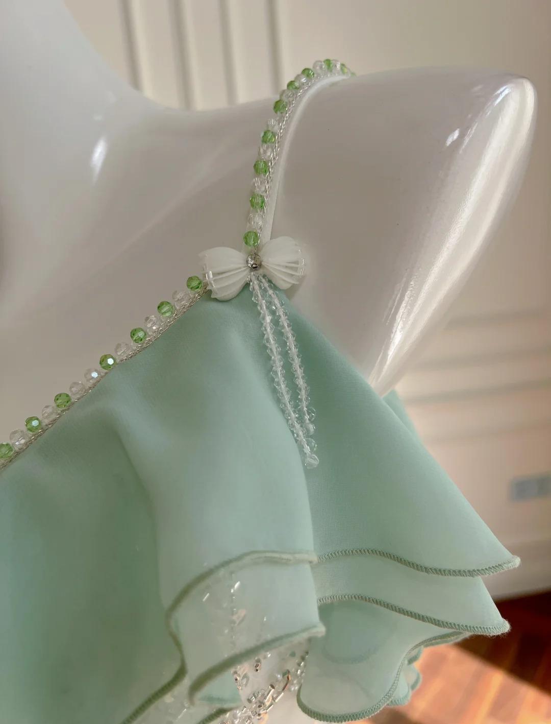 Mint Green Spaghetti Straps Chiffon Ruffled Prom Dresses Shiny Beaded Sequined Backless Evening Dresses HZ1024