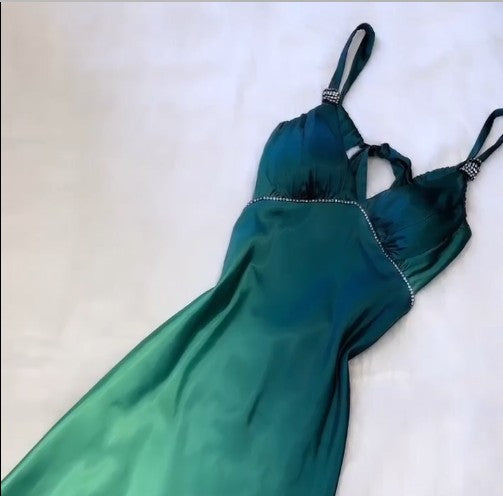 Vintage Gradient Teal V-neck Spaghetti Strap Satin Party Dresses Elegant Backless Prom Dress ED02007