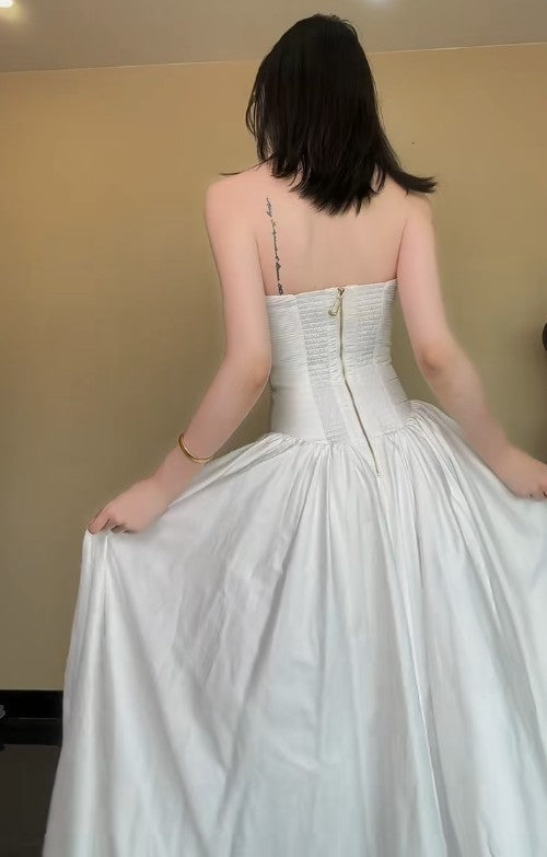 Fashion White Strapless Satin Pleated A-Line Bridesmaid Dresses Elegant Backless Evening Dresses with Slit ED02010