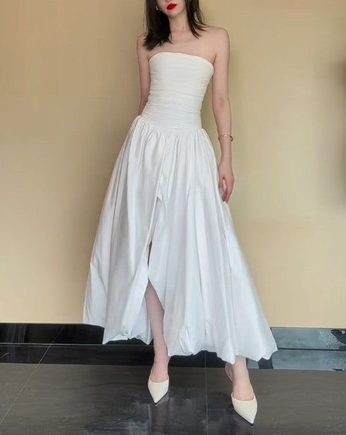 Fashion White Strapless Satin Pleated A-Line Bridesmaid Dresses Elegant Backless Evening Dresses with Slit ED02010