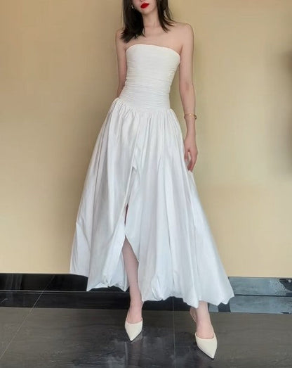 Fashion White Strapless Satin Pleated A-Line Bridesmaid Dresses Elegant Backless Evening Dresses with Slit ED02010