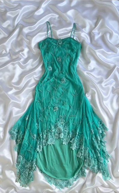 Fairytale Turquoise Spaghetti Straps Chiffon Party Dresses Vintage Lace Applique Prom Dresses Homecoming Dresses ED02012