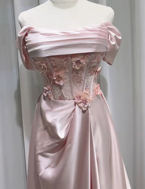 Sweet Pink Off-the-shoulder A-Line Satin Long Evening Dresses Sweet 16 Prom Dresses ED02013