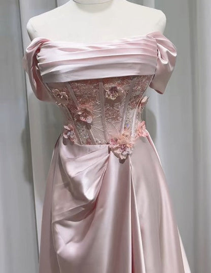 Sweet Pink Off-the-shoulder A-Line Satin Long Evening Dresses Sweet 16 Prom Dresses ED02013