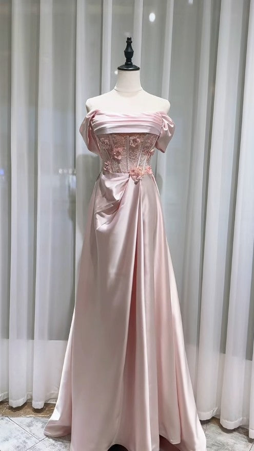 Pink Off-the-shoulder A-Line Satin Long Evening Dresses Sweet 16 Prom Dresses HZ1024