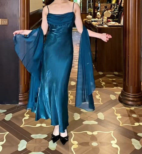 Gothic Spaghetti Straps Party Dresses Vintage Teal Glitter Satin Evening Dresses HZ1024
