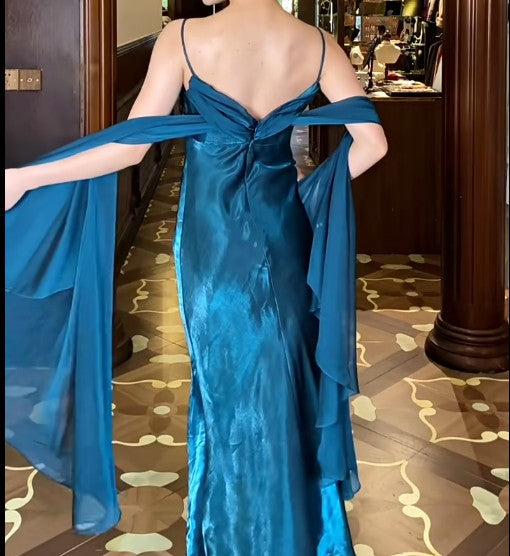 Gothic Spaghetti Straps Party Dresses Vintage Teal Glitter Satin Evening Dresses HZ1024