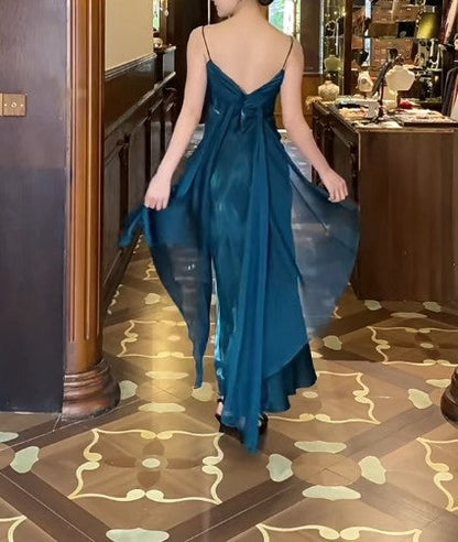 Elegant Gothic Spaghetti Straps Party Dresses Vintage Teal Glitter Satin Evening Dresses ED02014