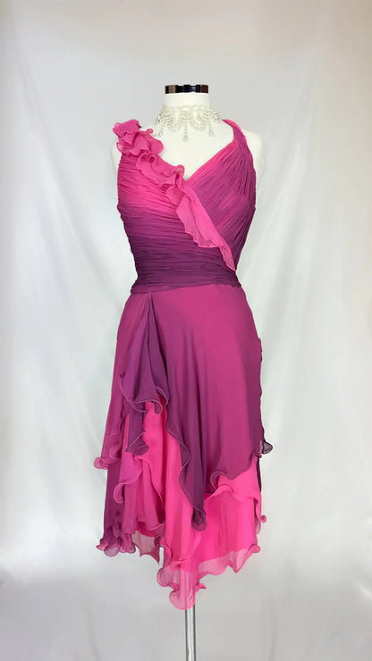 Fairytale Gothic V-neck A-Line Chiffon Party Dress Vintage Gradient Pink Short Prom Dress ED02015