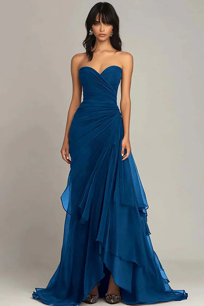 Mermaid Dark Green Sweetheart Tulle Long Prom Dresses Formal Evening Dresses with Rufflest HZ1024
