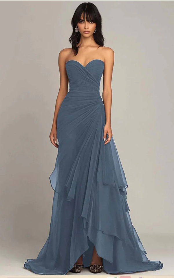 Mermaid Dark Green Sweetheart Tulle Long Prom Dresses Formal Evening Dresses with Rufflest HZ1024