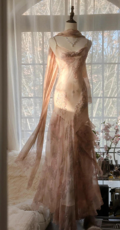 Spaghetti Straps Printed Chiffon Sheath Sparkling Beaded Evening Dress HZ1024