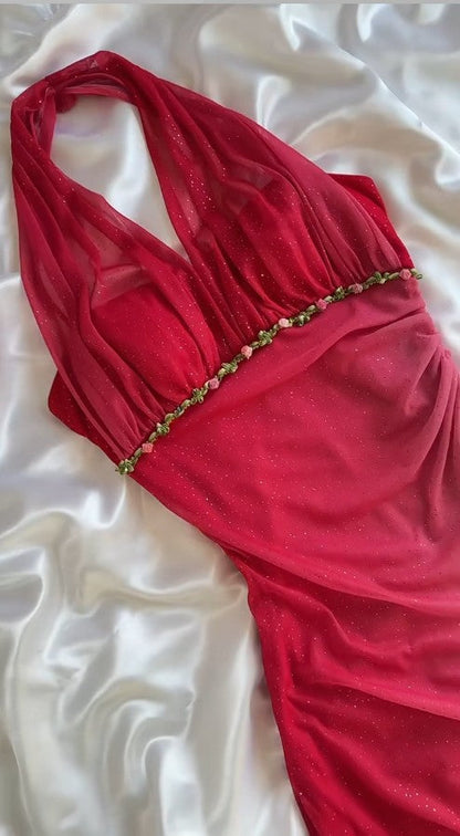 Vintage Gradient Red Halter Sheath Party Dress Elegant Gothic Glitter Chiffon Prom Dress ED02022