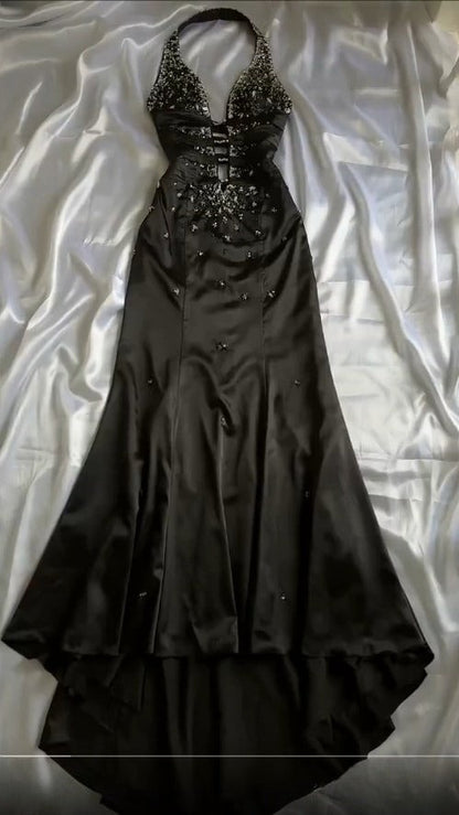 Elegant Black Deep V Neck Satin Mermaid Party Dresses Vintage Backless Beaded Evening Dress ED02023