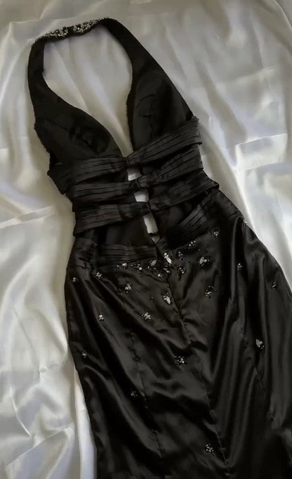Black Deep V Neck Satin Mermaid Party Dresses Vintage Backless Beaded Evening Dress HZ1024