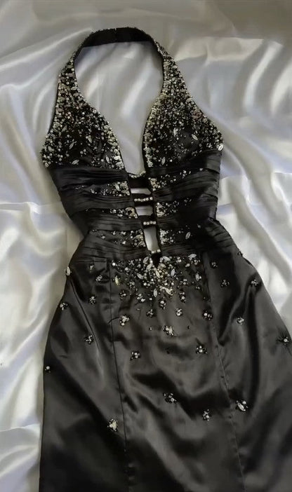 Black Deep V Neck Satin Mermaid Party Dresses Vintage Backless Beaded Evening Dress HZ1024