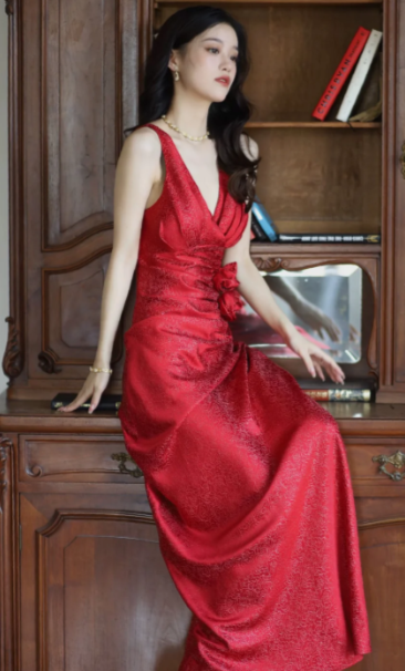 Burgundy Mermaid Jacquard Satin V-neck Evening Dress Simple Prom Dress HZ1024