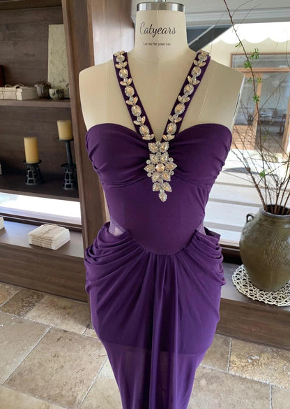 Gorgeous Blue V-neck Chiffon Bodycon Party Dresses Elegant Rhinestone Evening Dresses ED02032