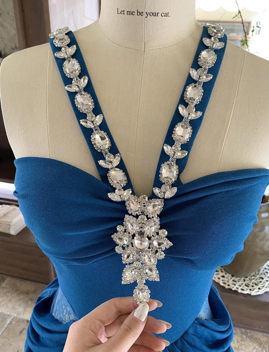 Gorgeous Blue V-neck Chiffon Bodycon Party Dresses Elegant Rhinestone Evening Dresses ED02032