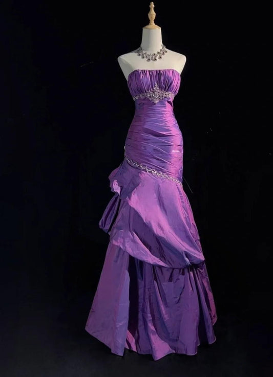 Glam Strapless Mermaid Taffeta Long Prom Dresses  Purple Long Formal Dresses Elegant Evening Dresses with Beadings ED02033