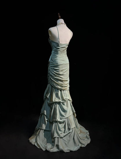 Green Spaghetti Straps Mermaid Satin Long Prom Dresses Sweet 16 Formal Evening Dresses HZ1024