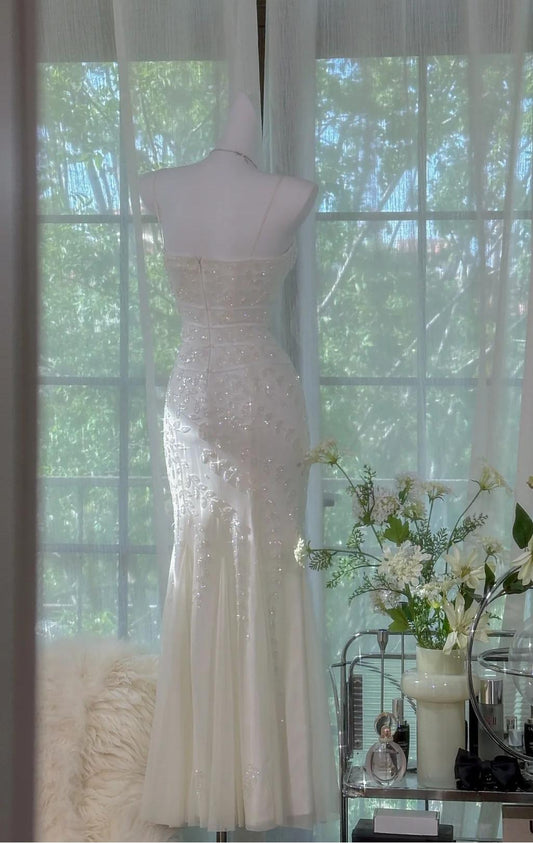 Gothic White Mermaid Chiffon Spaghetti Straps Party Dresses Elegant Shiny Beaded Evening Dresses HZ1024