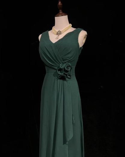 Dark Green V-neck Chiffon A-Line Bridesmaids Dress, Elegant Evening Dress HZ1024