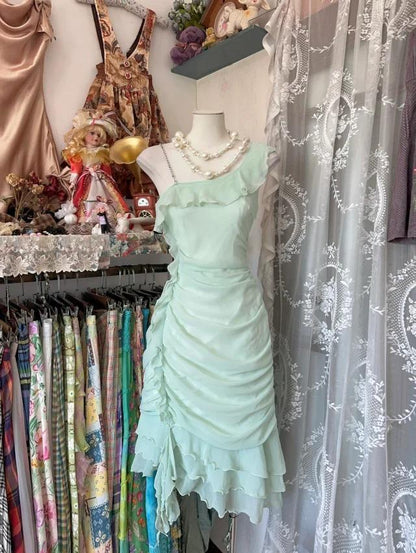 Fairytale Asymmetrical Neck SheathChiffon  Ruffled Short Style Homecoming Dresses Sweet Party Dresses ED02039