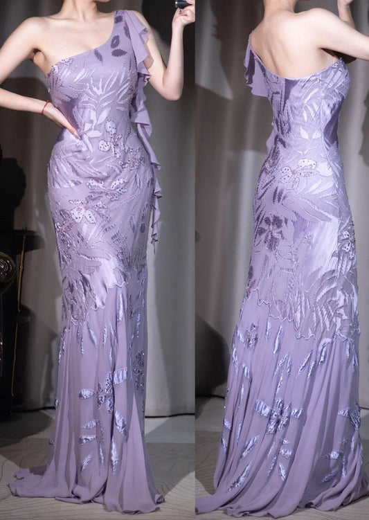 Vintage Purple One Shoulder Mermaid Chiffon Long Prom Dresses Evening Dresses with Beading HZ1024