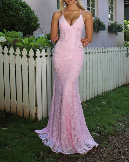 Sweet Pink Spaghetti Strap Mermaid Deep V Neck Tulle Applique Wedding Dress Backless Evening Dress ED02041