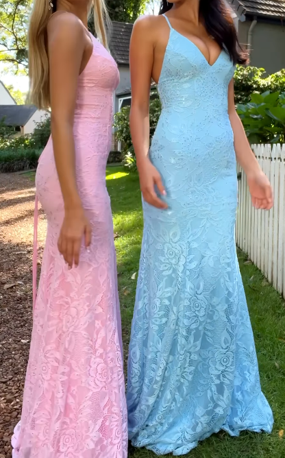 Pink Spaghetti Strap Mermaid Deep V Neck Tulle Applique Wedding Dress Backless Evening Dress HZ1024