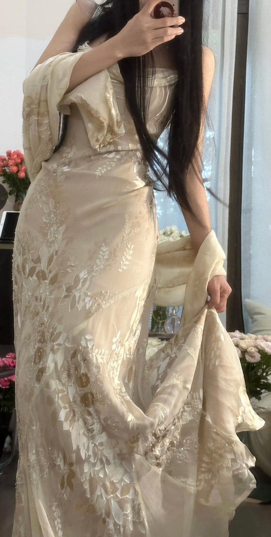 Apricot Spaghetti Strap Printed Chiffon Long Party Dress Elegant Evening Dress with Shawl HZ1024