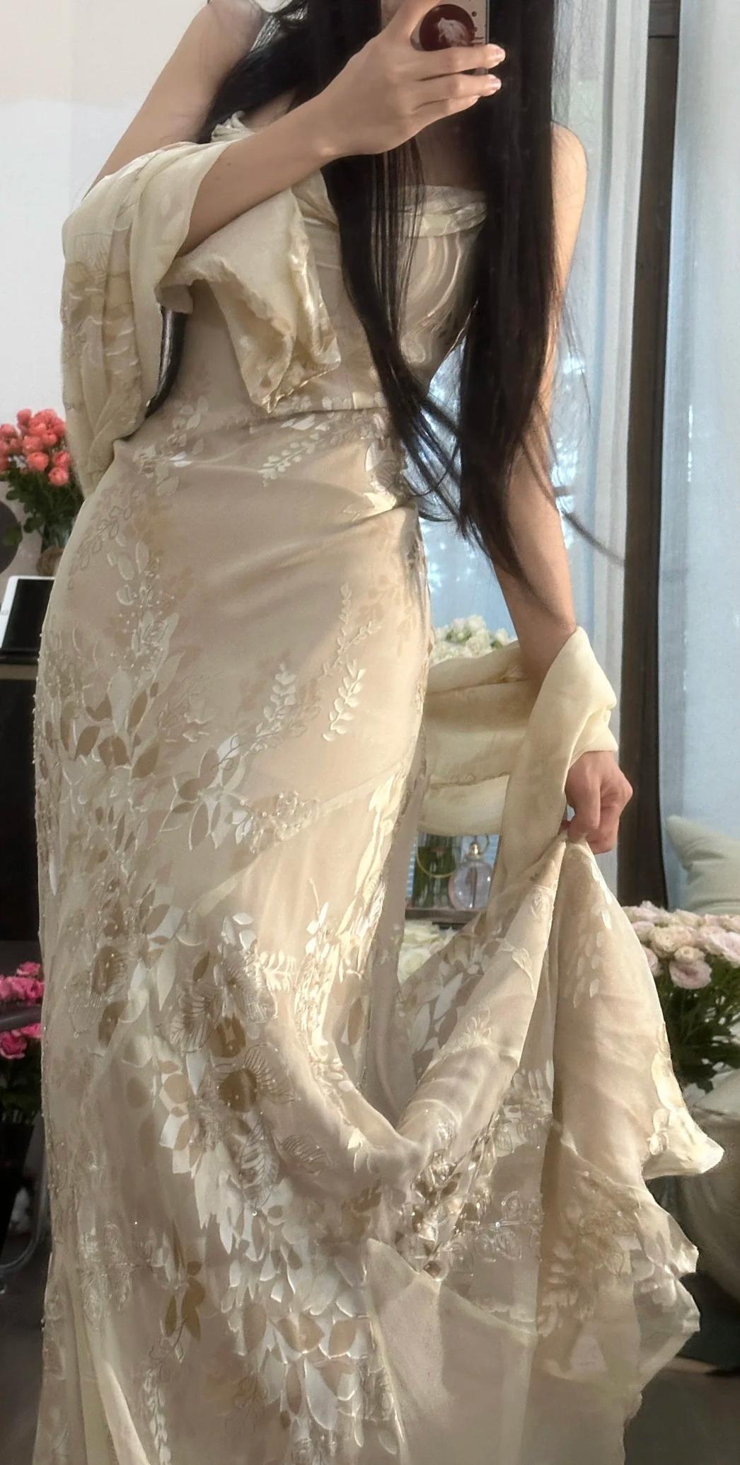 Vintage Apricot Spaghetti Strap Printed Chiffon Long Party Dress Elegant Evening Dress with Shawl ED02046