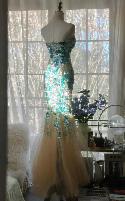 Elegant Blue Sweetheart Mermaid Tulle Evening Dresses Gorgeous Beaded Long Prom Dresses ED02047