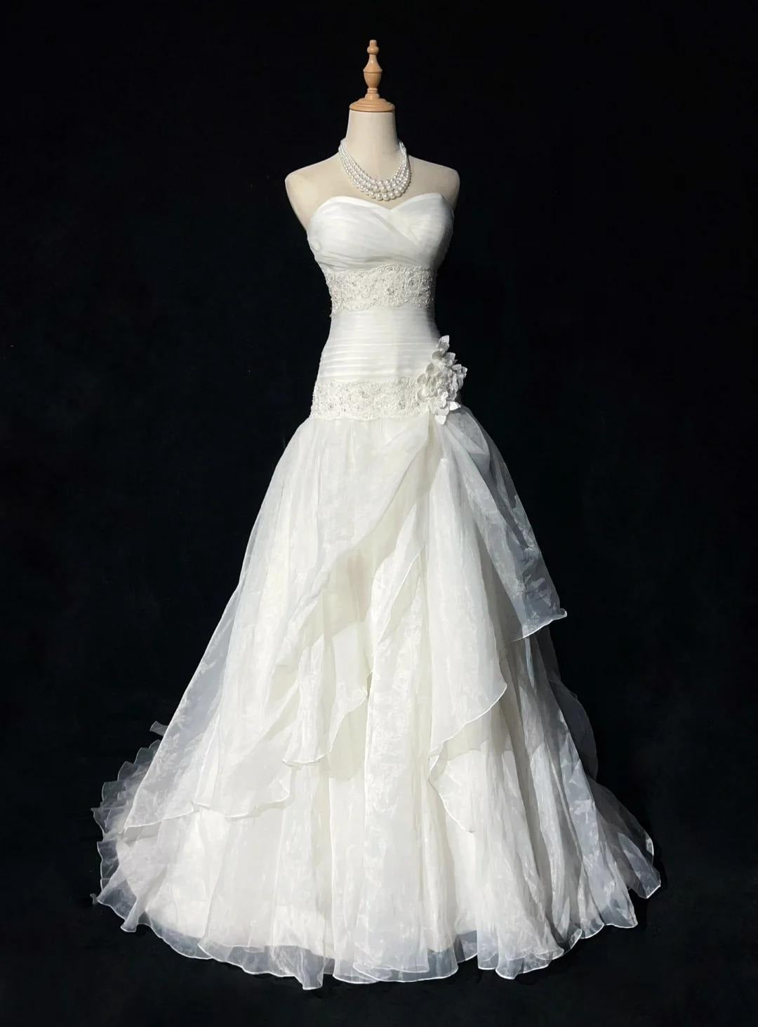 White Strapless A-Line Tulle Lace Applique Wedding Dresses Long Prom Dresses HZ1024
